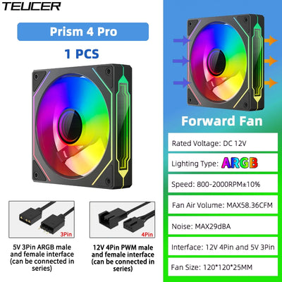 TEUCER Prism4 Pro ARGB Fan 120mm PC Case Fan Kit 4pin PWM CPU Cooling Fans 3pin 5v RGB 12cm Gaming Computer Fan