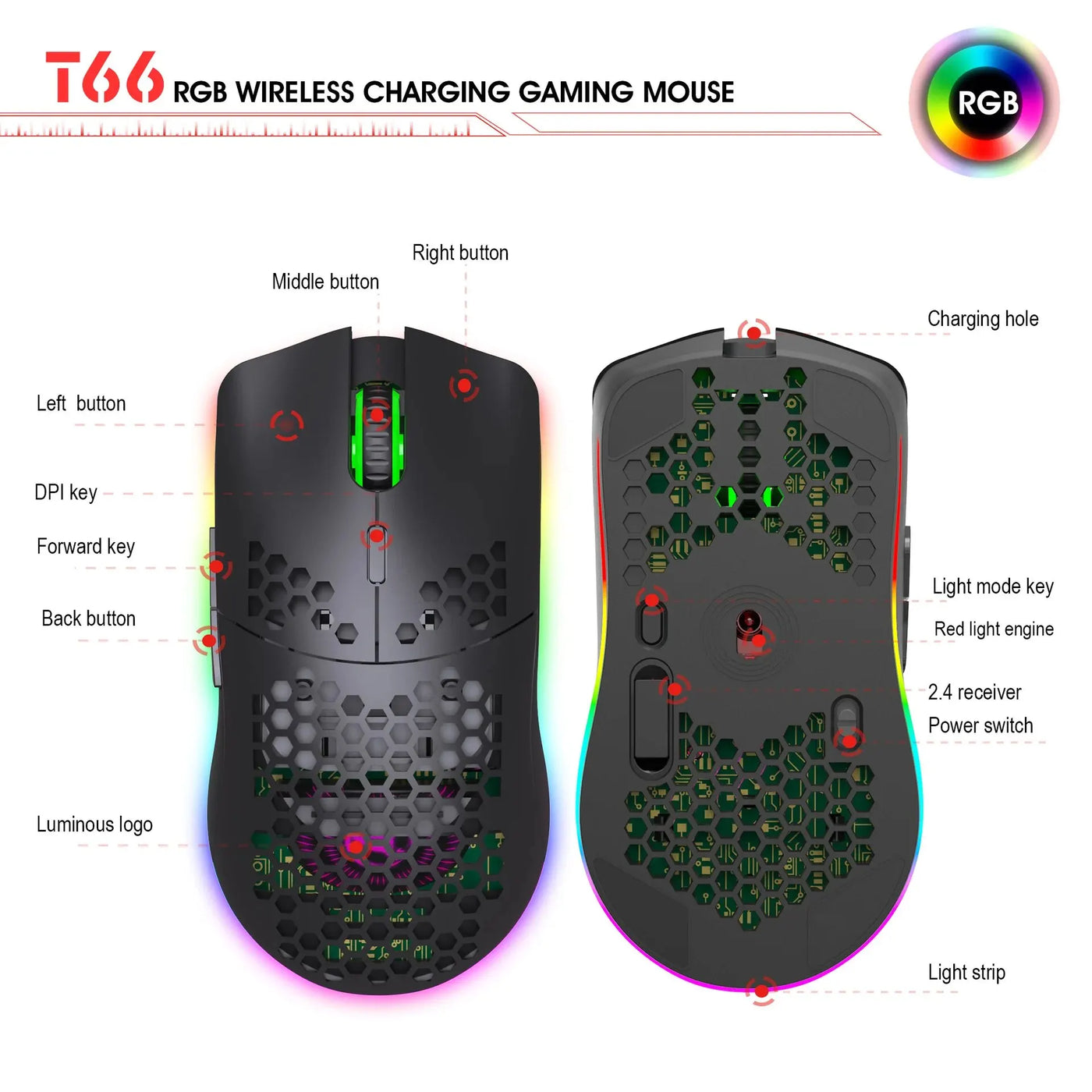 New T66 Rechargeable USB 2.4G Wireless Honeycomb Gaming Mouse RGB Lighting Mice Gamer Mouse For Notebook Desktop PC Computers