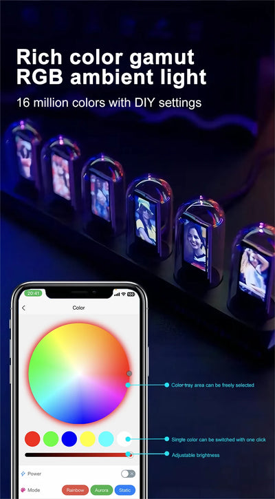 Nixie Tube Clock Glow RGB LED IPS Colour Screen Digital Clock DIY Analog Digital Tube Night lights APP Control Gaming Room Decor