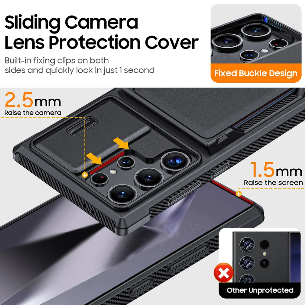 For Samsung Galaxy S24 Ultra Frosted Anti-Slip Matte Shockproof Airbag Wallet Phone Case Slide Camera Cover Full Coverage Case