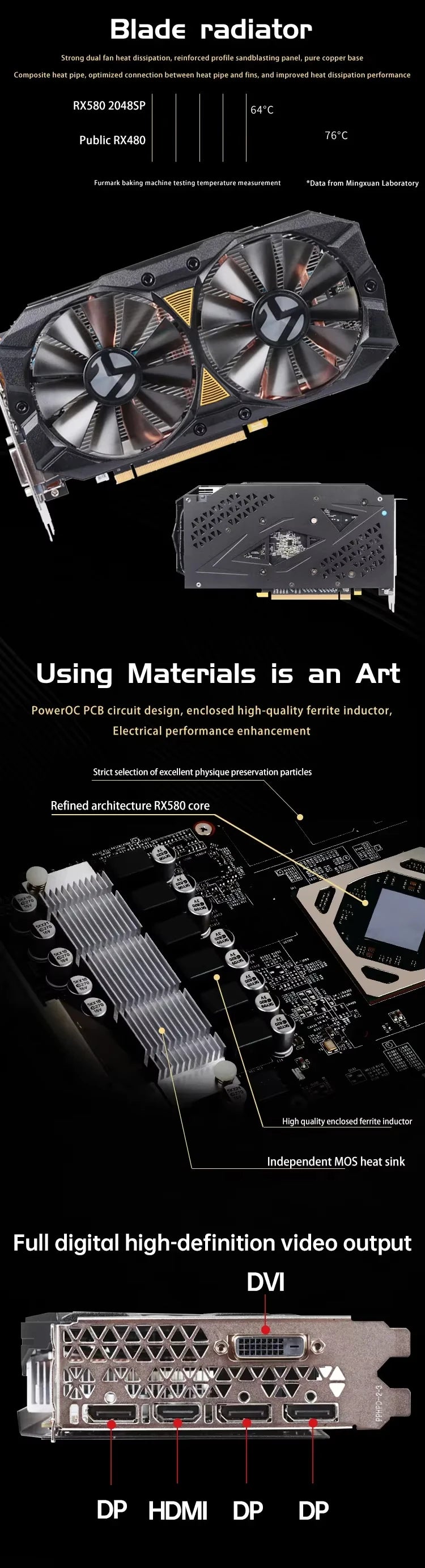 MAXSUN New AMD Radeon RX580 2048SP 8G Graphics Card GDDR5 Video Memory 256Bit Gaming Card DP Direx12 Desktop Computer Components