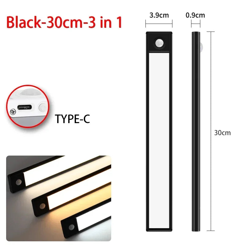 Led night light sensor de movimento sem fio usb armário luz noturna lâmpada para armário de cozinha quarto guarda-roupa 20/30/40/60cm