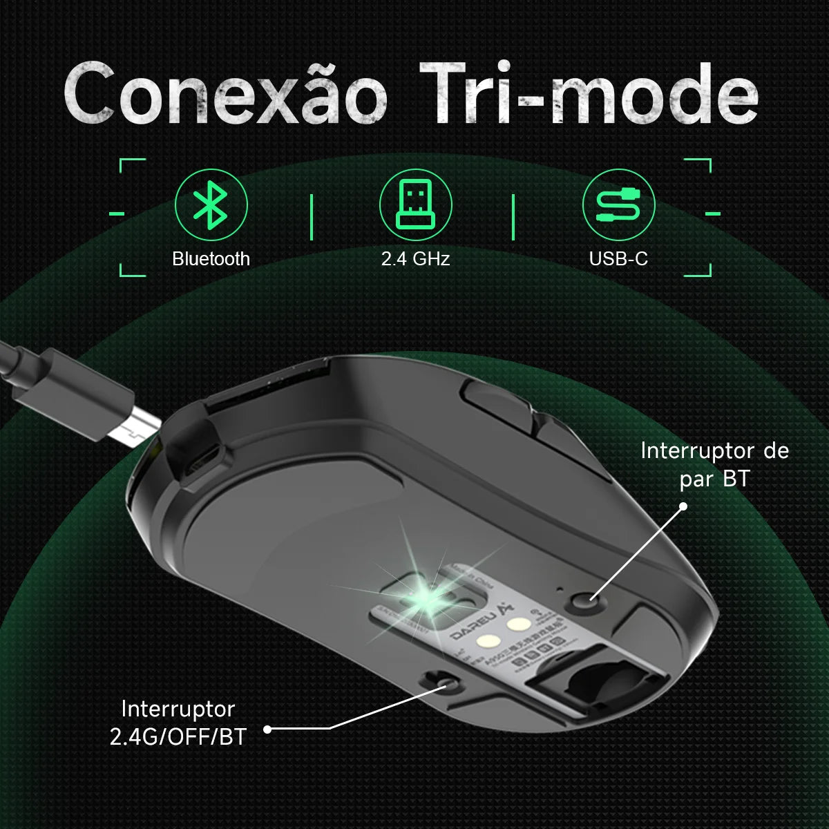 DAREU PC Gaming Mouse Tri-mode Connect Bluetooth Wired 2.4G Wireless Mice with Charging Base KBS Buttons Mous for Laptop Gamer