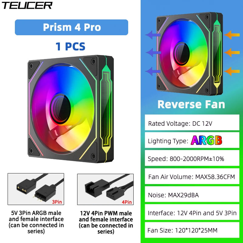 TEUCER Prism4 Pro ARGB Fan 120mm PC Case Fan Kit 4pin PWM CPU Cooling Fans 3pin 5v RGB 12cm Gaming Computer Fan