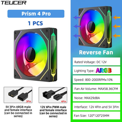 TEUCER Prism4 Pro ARGB Fan 120mm PC Case Fan Kit 4pin PWM CPU Cooling Fans 3pin 5v RGB 12cm Gaming Computer Fan