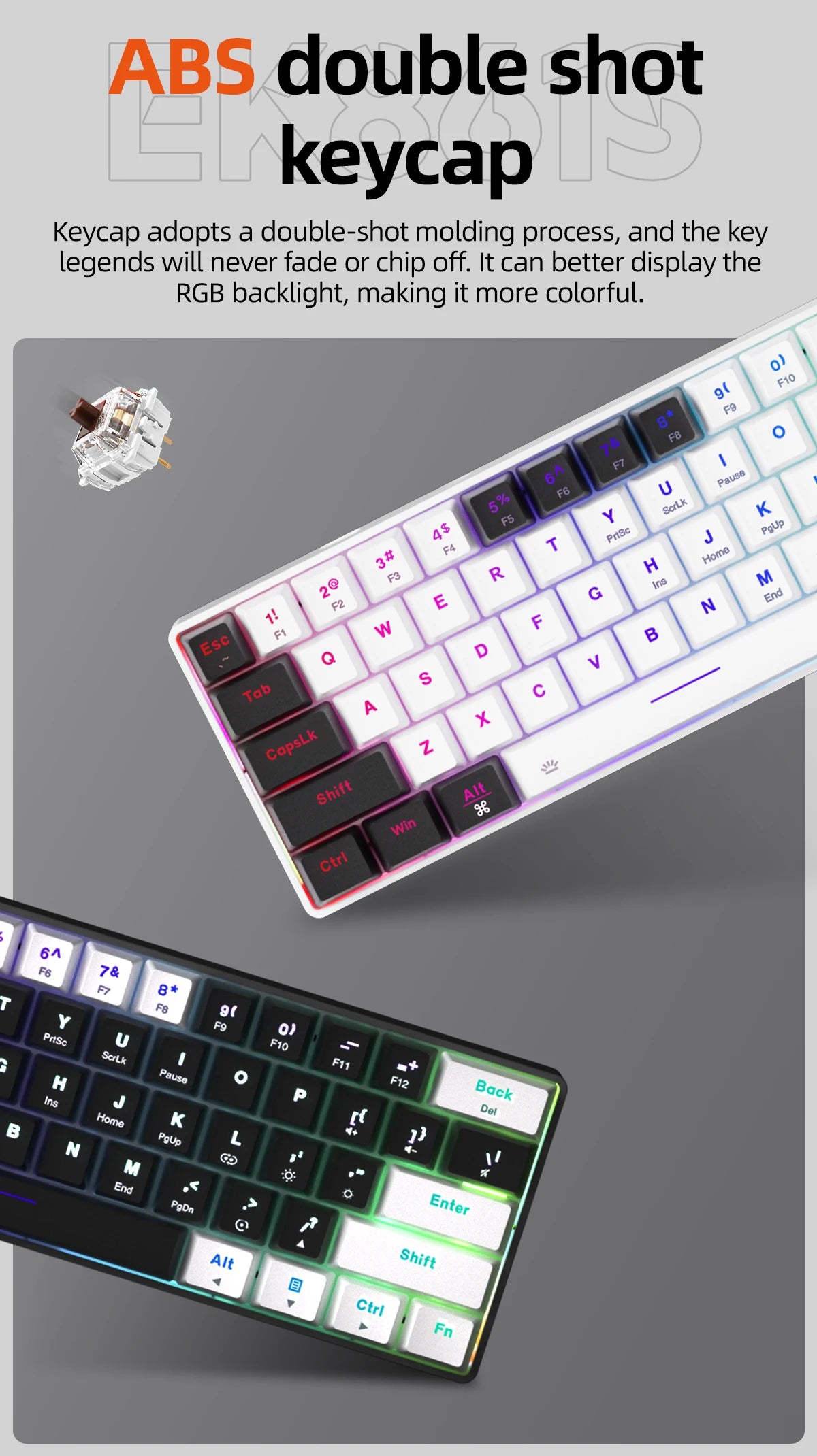 DAREU EK861S RGB Wired Mechanical Keyboard 61 Keys Red Switches ABS Keycaps N-key Rollover with Magnetic Feet
