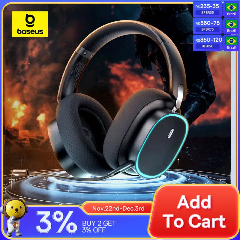 Baseus GH02 Gaming Wireless Headphone with Mic Over-Ear Headphones Bluetooth 5.3 40mm Driver 2.4G/Wireless/Cable RGB Headsets