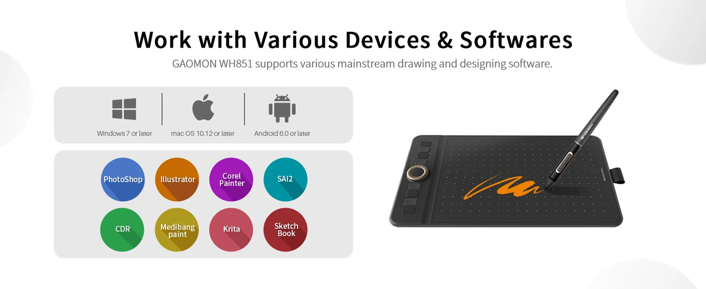 GAOMON WH851 Wireless Graphics Tablet Bluetooth 5.0 Connection 16K Levels Pen Pressure 8x5 Inch Drawing Tablet Android Supported