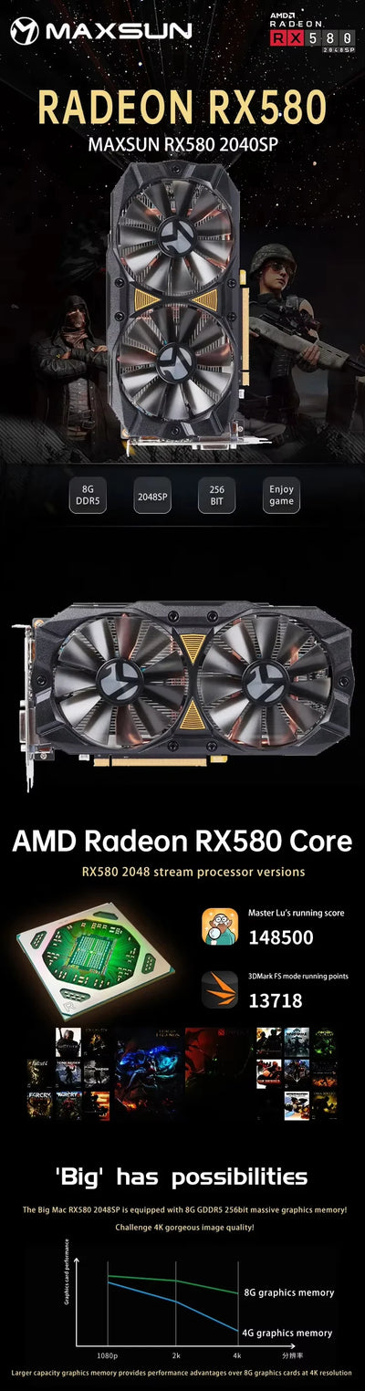 MAXSUN New AMD Radeon RX580 2048SP 8G Graphics Card GDDR5 Video Memory 256Bit Gaming Card DP Direx12 Desktop Computer Components