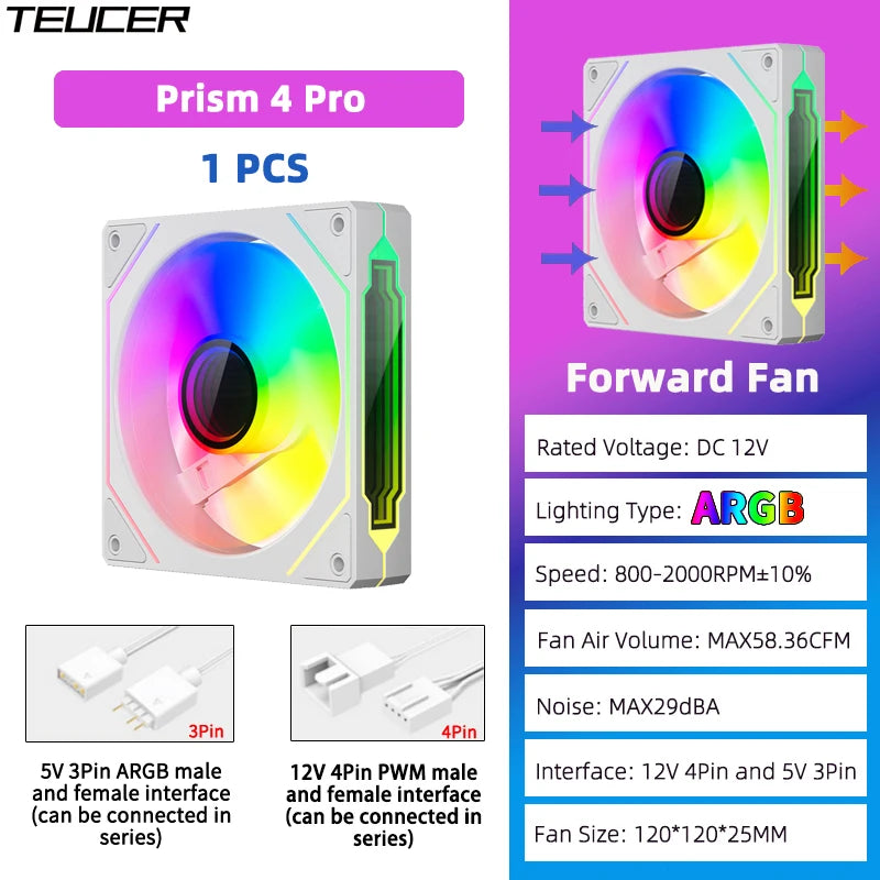 TEUCER Prism4 Pro ARGB Fan 120mm PC Case Fan Kit 4pin PWM CPU Cooling Fans 3pin 5v RGB 12cm Gaming Computer Fan