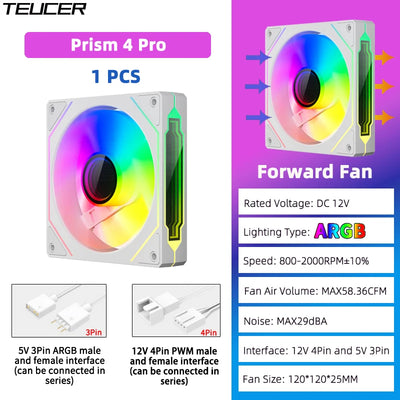 TEUCER Prism4 Pro ARGB Fan 120mm PC Case Fan Kit 4pin PWM CPU Cooling Fans 3pin 5v RGB 12cm Gaming Computer Fan