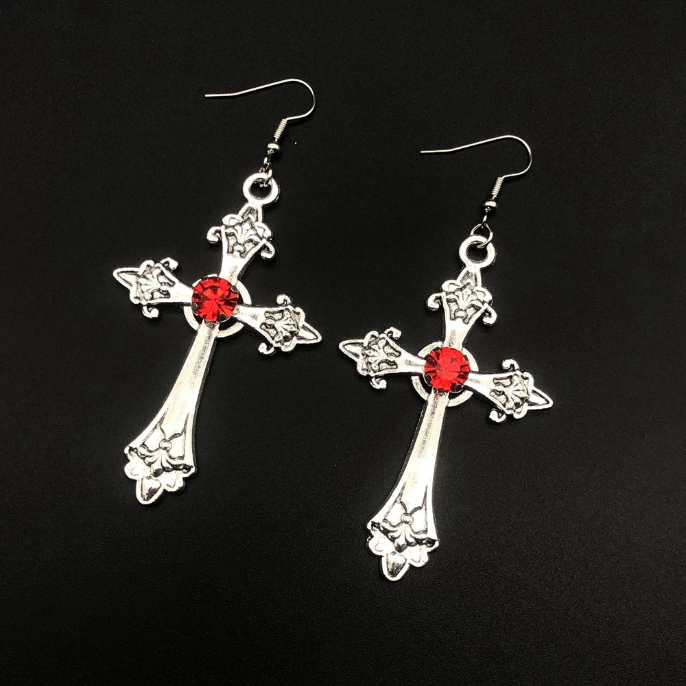 Large Detailed Cross Drill Pendant Jewel Necklace Silver Color Tone Gothic Punk Jewellery Fashion Charm Statement Women Gift(Red