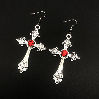 Large Detailed Cross Drill Pendant Jewel Necklace Silver Color Tone Gothic Punk Jewellery Fashion Charm Statement Women Gift(Red
