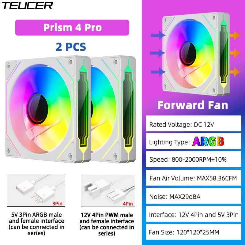 TEUCER Prism4 Pro ARGB Fan 120mm PC Case Fan Kit 4pin PWM CPU Cooling Fans 3pin 5v RGB 12cm Gaming Computer Fan