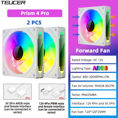 TEUCER Prism4 Pro ARGB Fan 120mm PC Case Fan Kit 4pin PWM CPU Cooling Fans 3pin 5v RGB 12cm Gaming Computer Fan