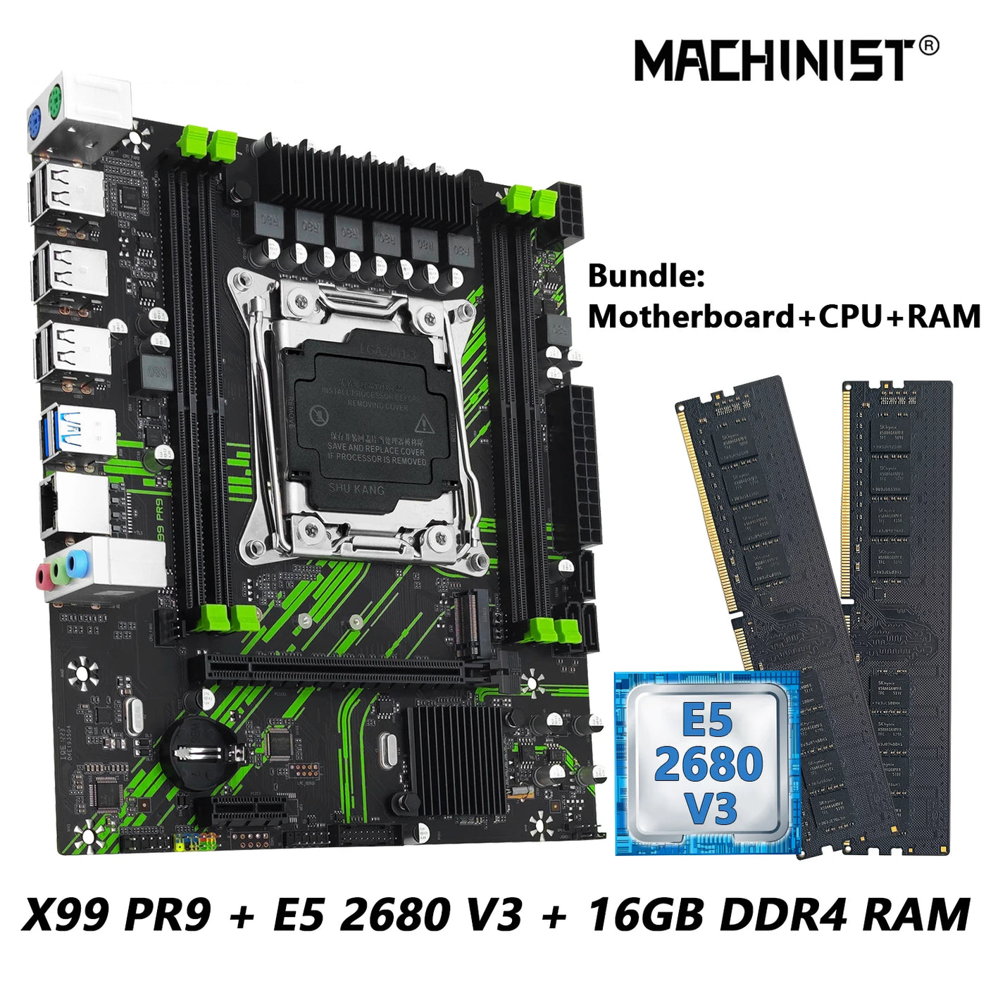 MACHINIST X99 Motherboard kit with Intel Xeon E5 2680 V3 CPU + DDR4 8GBx2 2133MHz Dual-Channel RAM Set Computer Combo X99 PR9