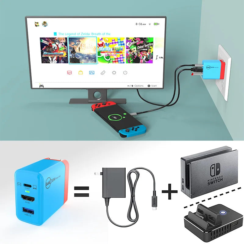 Switch Dock 65W GaN USB C Charger Power 4K HDMI-Compatible Portable Docking Station for Nintendo Switch Laptop iPad Smart Phone
