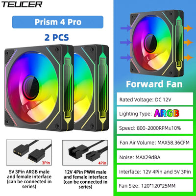 TEUCER Prism4 Pro ARGB Fan 120mm PC Case Fan Kit 4pin PWM CPU Cooling Fans 3pin 5v RGB 12cm Gaming Computer Fan