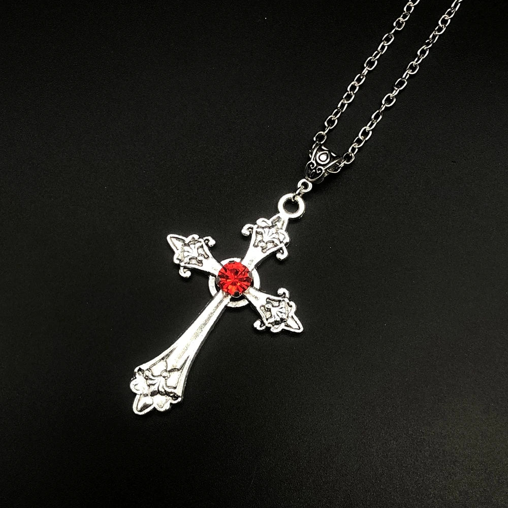 Large Detailed Cross Drill Pendant Jewel Necklace Silver Color Tone Gothic Punk Jewellery Fashion Charm Statement Women Gift(Red