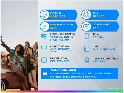 Smartphone Motorola Moto E22 32GB White 4G 2GB RAM 6,5 ”Camera. Dual + Selfie 5MP Dual Chip