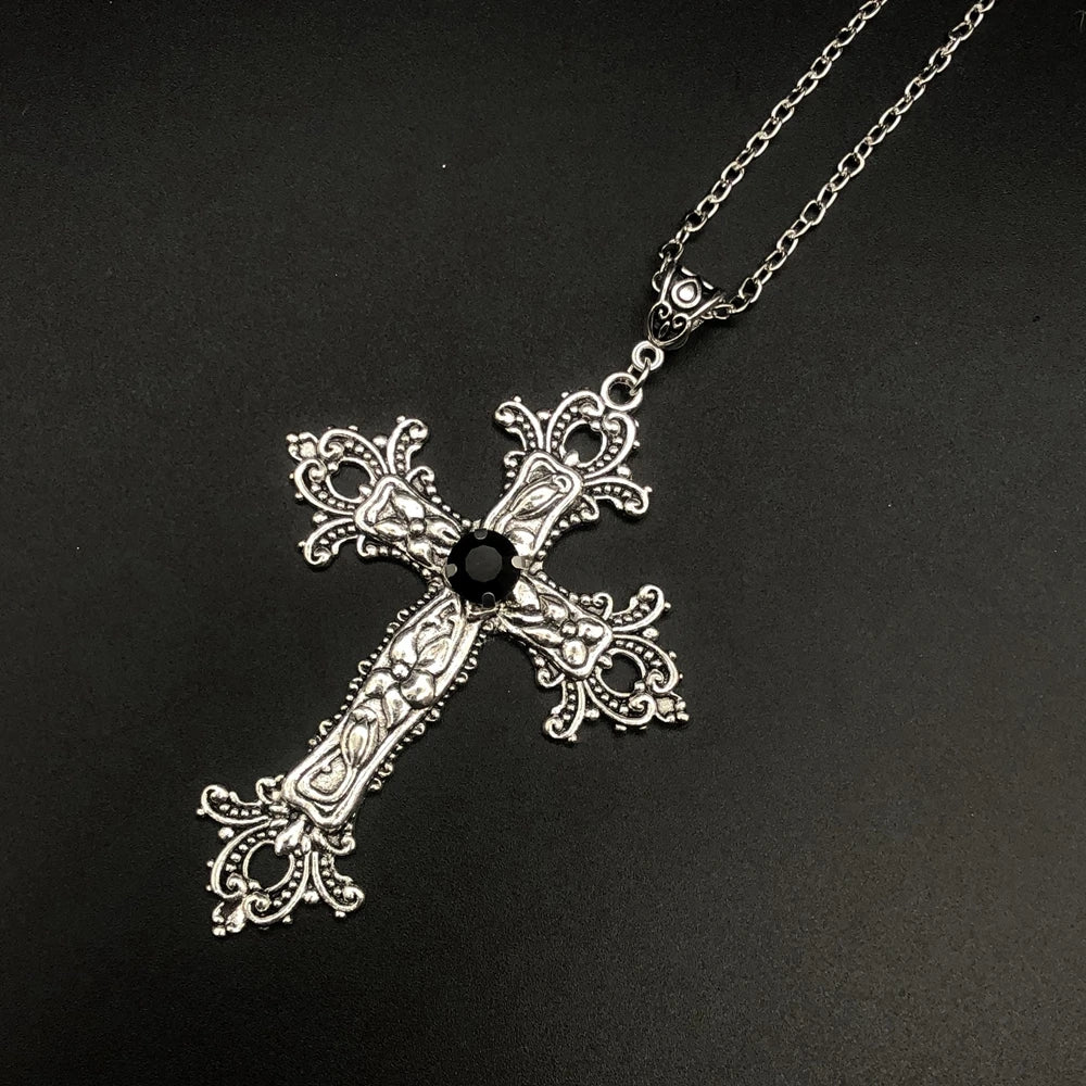 Large Detailed Cross Drill Pendant Jewel Necklace Silver Color Tone Gothic Punk Jewellery Fashion Charm Statement Women Gift(Red