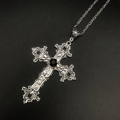 Large Detailed Cross Drill Pendant Jewel Necklace Silver Color Tone Gothic Punk Jewellery Fashion Charm Statement Women Gift(Red