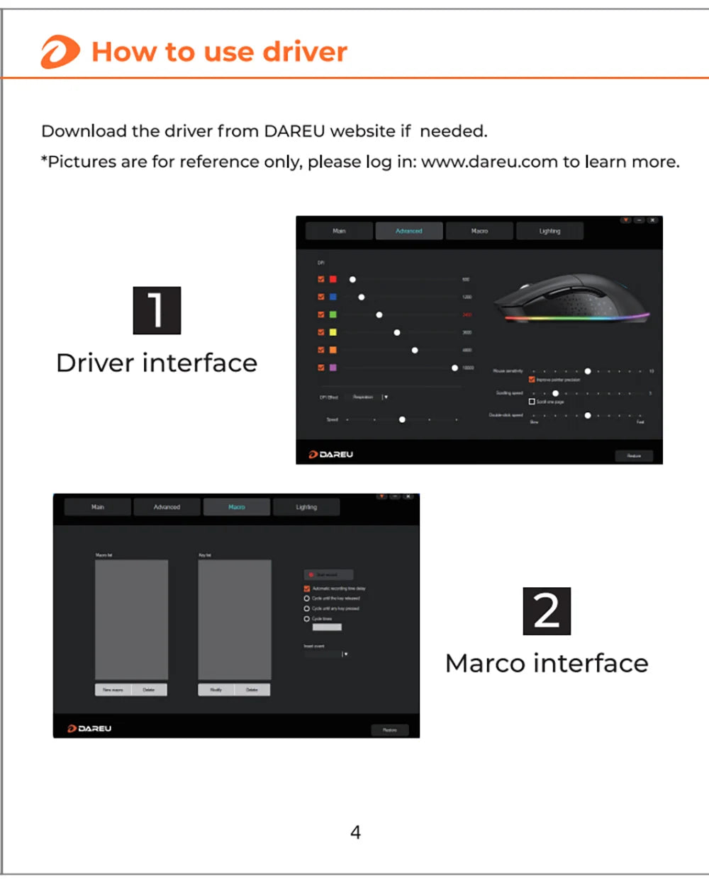DAREU Dual Modes Gamer Mouse RGB 2.4G Wireless Wired Gaming Mice Built-in 930mAh Recharging Battery with Macro Set for PC Laptop