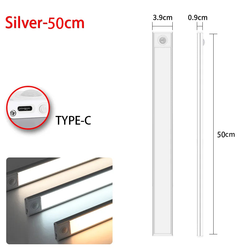 Led night light sensor de movimento sem fio usb armário luz noturna lâmpada para armário de cozinha quarto guarda-roupa 20/30/40/60cm