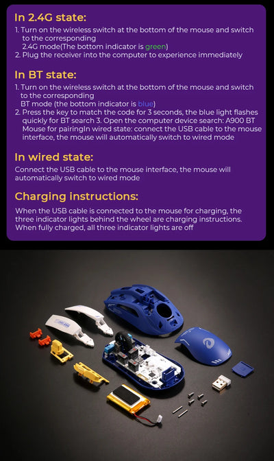 DAREU PC Gaming Mouse Tri-mode Connect Bluetooth Wired 2.4G Wireless Mice with Charging Base KBS Buttons Mous for Laptop Gamer