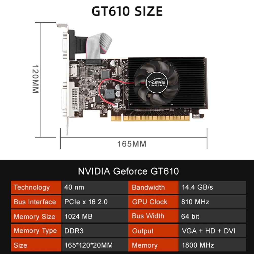 GT610 Video Card 1/2GB PCIE X16 2.0 NVIDIA GeForce GT 610 DDR3 Graphics Card VGA HD DVI 64Bit 1800MHz GT610 GPU Graphics Card