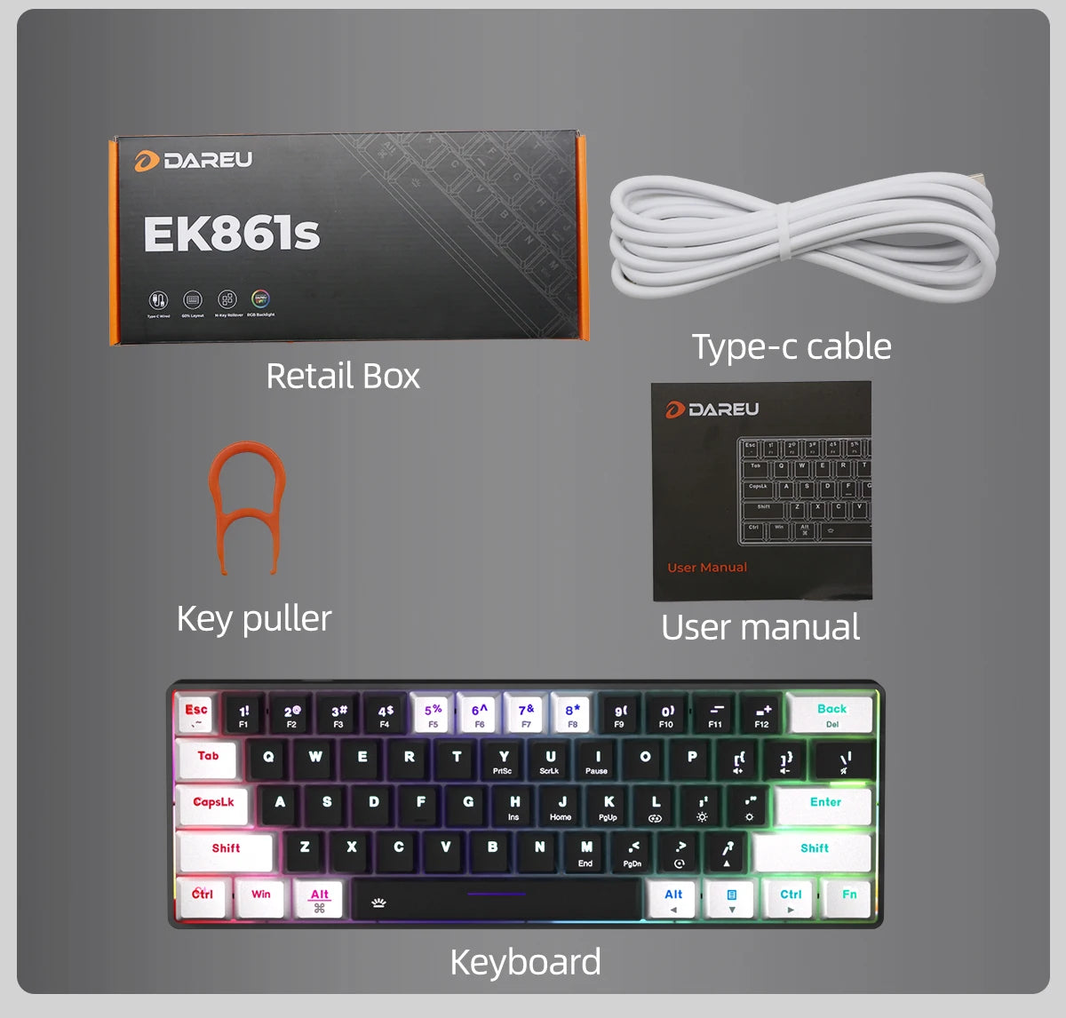 DAREU EK861S RGB Wired Mechanical Keyboard 61 Keys Red Switches ABS Keycaps N-key Rollover with Magnetic Feet