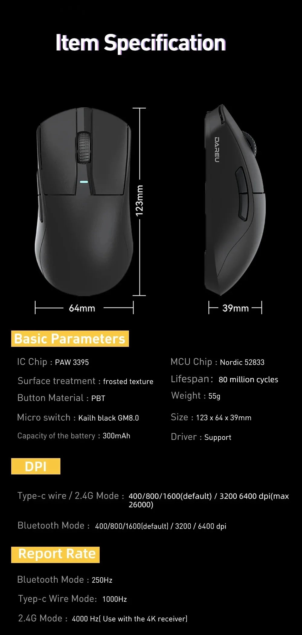 DAREU 4KHz Tri-mode 2.4G Wireless Wired PBT Mouse PAW3395 26000 DPI RGB 6 Programmable Buttons Rechargeable for PC Laptop Gamer