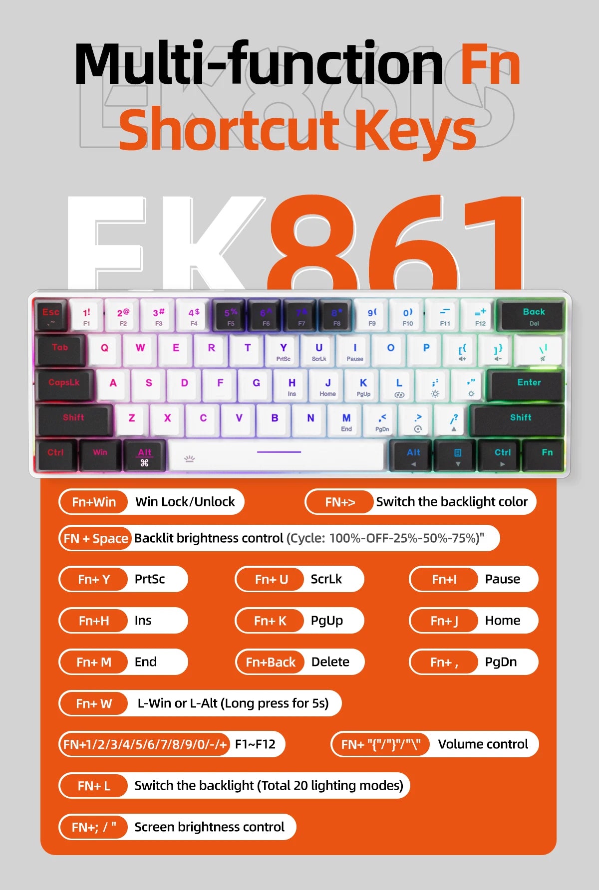 DAREU EK861S RGB Wired Mechanical Keyboard 61 Keys Red Switches ABS Keycaps N-key Rollover with Magnetic Feet