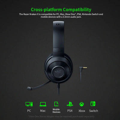 Razer Kraken X Essential Gaming Headset 7.1 Surround Sound Headphone Bendable Cardioid Microphone 40mm Driver Unit Headphones