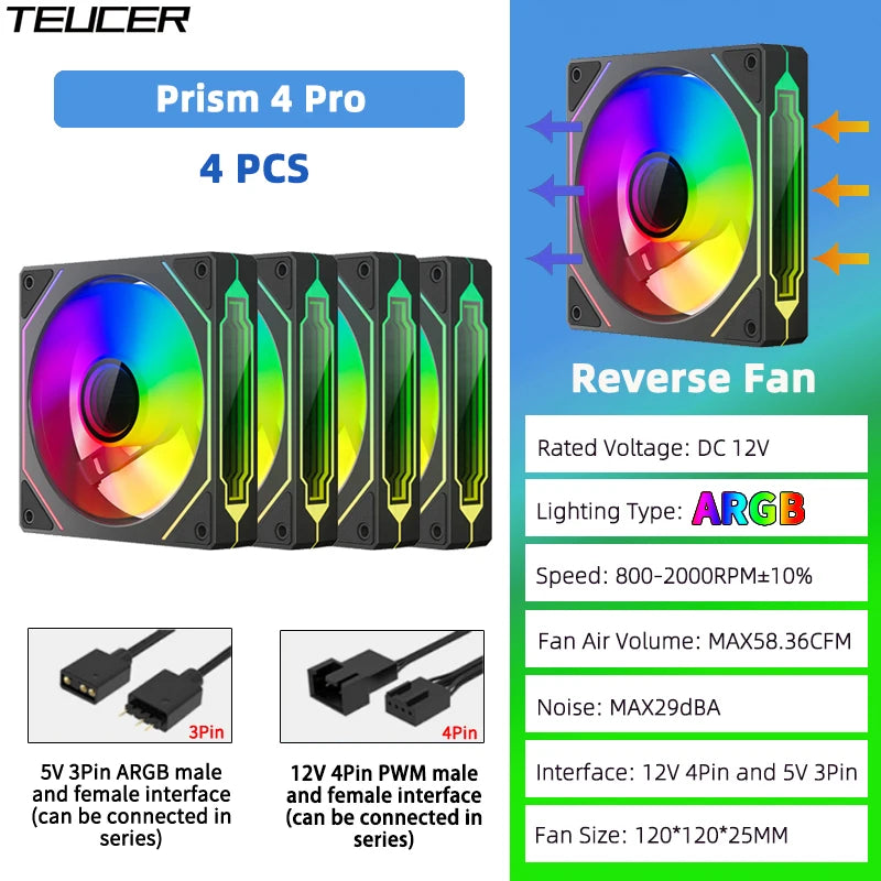 TEUCER Prism4 Pro ARGB Fan 120mm PC Case Fan Kit 4pin PWM CPU Cooling Fans 3pin 5v RGB 12cm Gaming Computer Fan