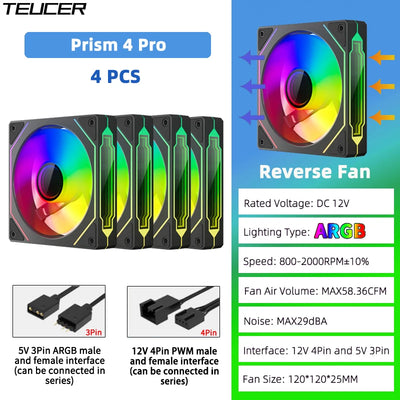 TEUCER Prism4 Pro ARGB Fan 120mm PC Case Fan Kit 4pin PWM CPU Cooling Fans 3pin 5v RGB 12cm Gaming Computer Fan