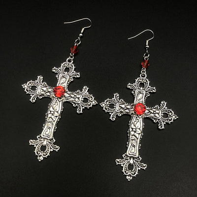 Large Detailed Cross Drill Pendant Jewel Necklace Silver Color Tone Gothic Punk Jewellery Fashion Charm Statement Women Gift(Red
