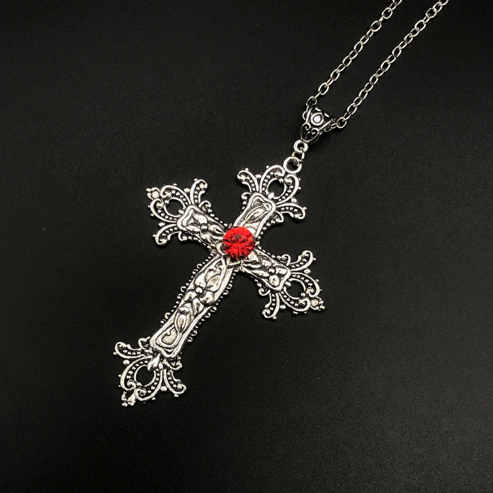 Large Detailed Cross Drill Pendant Jewel Necklace Silver Color Tone Gothic Punk Jewellery Fashion Charm Statement Women Gift(Red
