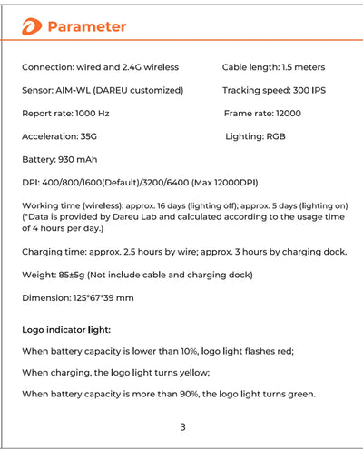 DAREU Dual Modes Gamer Mouse RGB 2.4G Wireless Wired Gaming Mice Built-in 930mAh Recharging Battery with Macro Set for PC Laptop