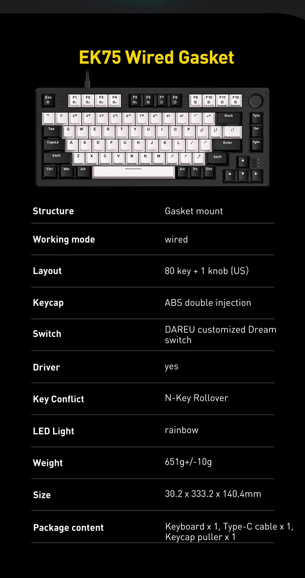 DAREU Wired Gasket Mechanical Keyboard N-Key Rollover Anti-ghosting RGB Backlight Dream switch with Multi Media Button