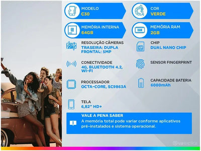 Smartphone Nokia C30 64GB Green 4G Octa-Core 2GB RAM 6,82 ”Camera. Dual + Selfie 5MP Dual Chip