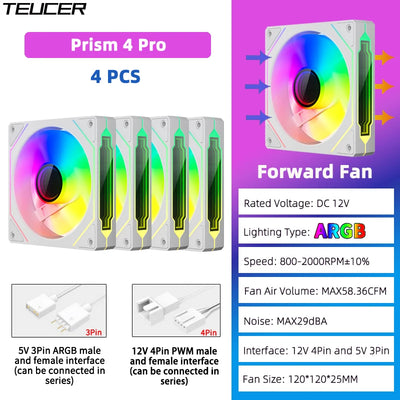 TEUCER Prism4 Pro ARGB Fan 120mm PC Case Fan Kit 4pin PWM CPU Cooling Fans 3pin 5v RGB 12cm Gaming Computer Fan