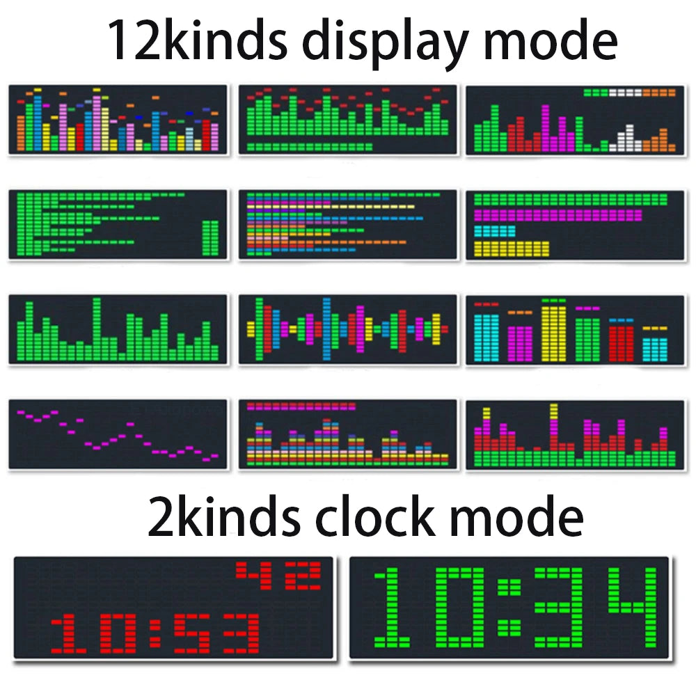 LED music Spectrum rhythm lights voice sensor 1624 RGB atmosphere level indicator with clock display