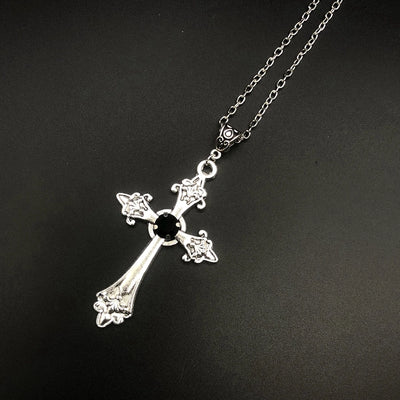 Large Detailed Cross Drill Pendant Jewel Necklace Silver Color Tone Gothic Punk Jewellery Fashion Charm Statement Women Gift(Red