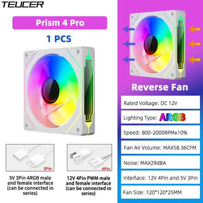 TEUCER Prism4 Pro ARGB Fan 120mm PC Case Fan Kit 4pin PWM CPU Cooling Fans 3pin 5v RGB 12cm Gaming Computer Fan