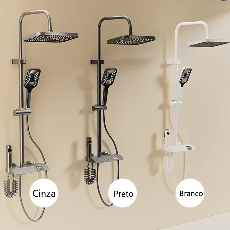 Bathroom Shower Full Set Black White Gray Bathtub Shower System Rain Pressurized Digital LED Shower Sets Hot Cold Shower Faucet