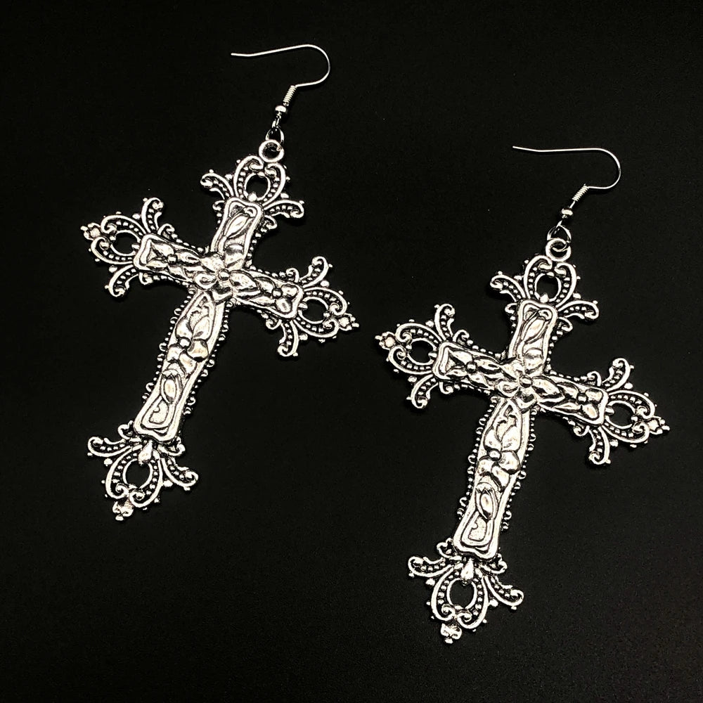 Large Detailed Cross Drill Pendant Jewel Necklace Silver Color Tone Gothic Punk Jewellery Fashion Charm Statement Women Gift(Red