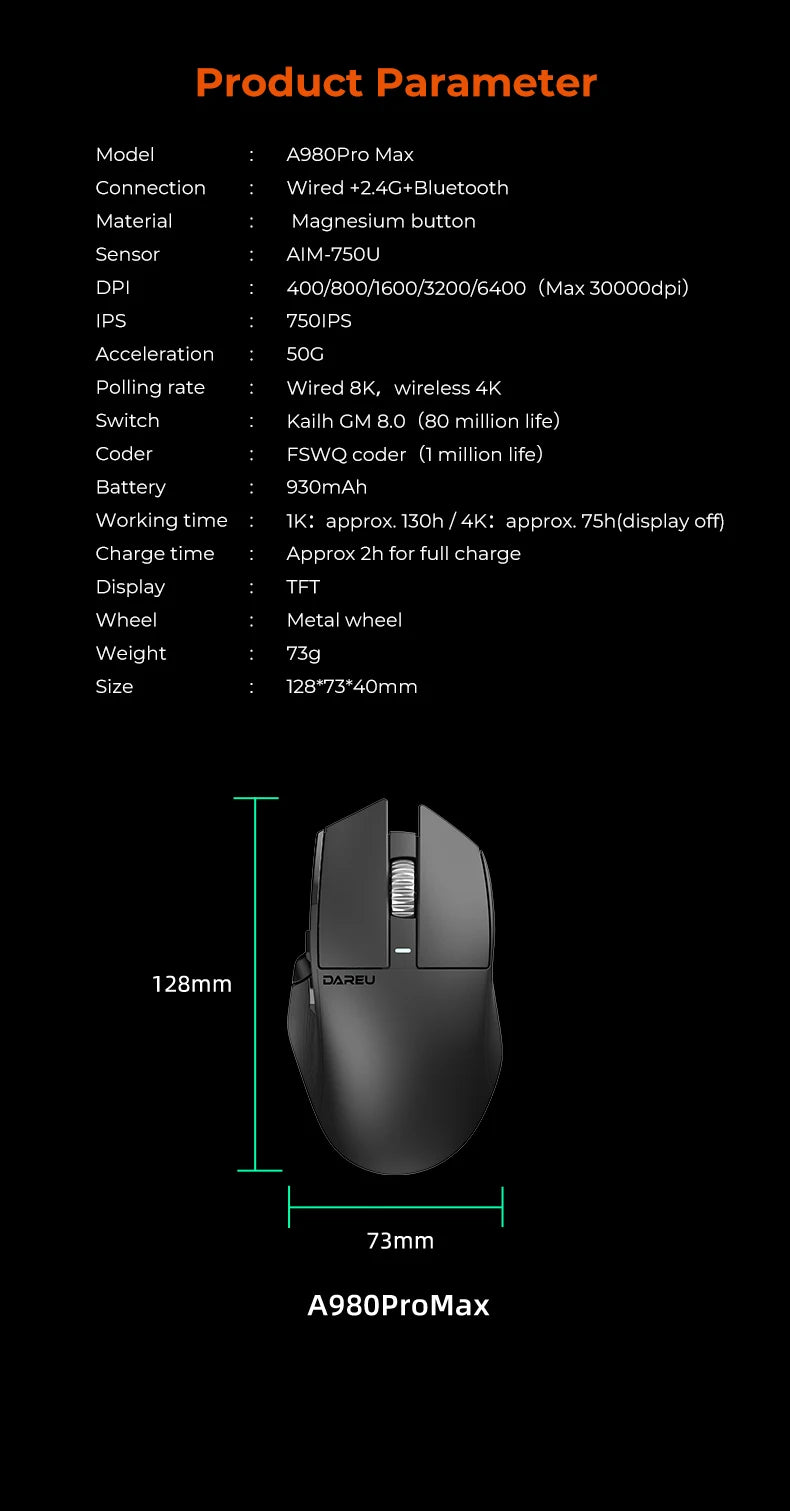 Dareu A980ProMax 8Khz Wireless Wired Mouse Tri-Mode AIM-750 30000 DPI Rechargeable TFT Display for PC Laptop Gamer