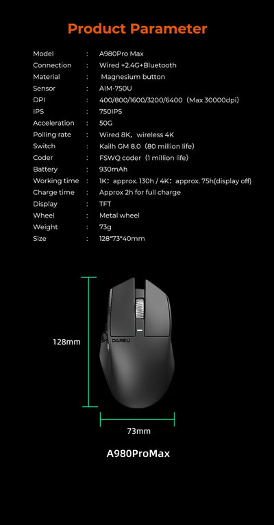 Dareu A980ProMax 8Khz Wireless Wired Mouse Tri-Mode AIM-750 30000 DPI Rechargeable TFT Display for PC Laptop Gamer