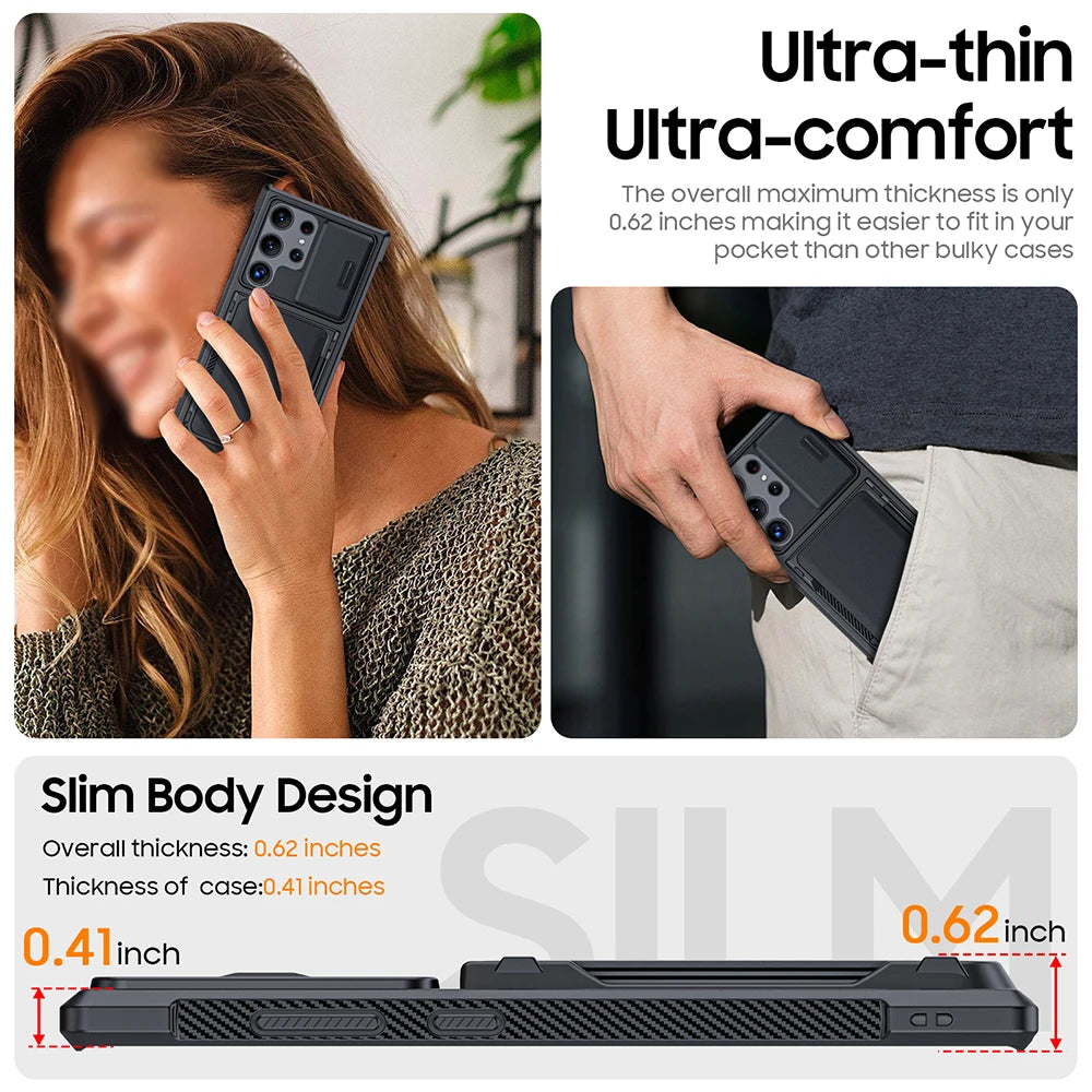 For Samsung Galaxy S24 Ultra Frosted Anti-Slip Matte Shockproof Airbag Wallet Phone Case Slide Camera Cover Full Coverage Case